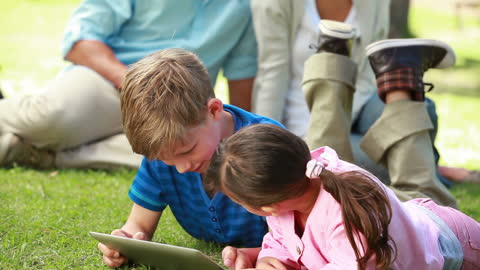 Young Siblings Using Tablet on Grass in a Park Setting