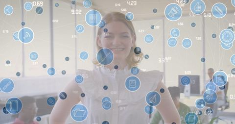 Businesswoman in Office with Digital Interface Overlay of Tech Icons - Download Free Stock Images Pikwizard.com