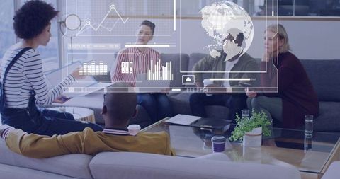 Team discussing digital strategy with holographic data display in modern office lounge