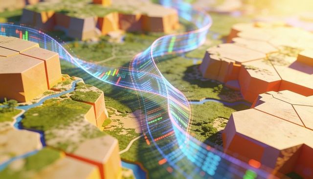Braided digital data ribbon flowing across hexagonal plateaus futuristic network landscape