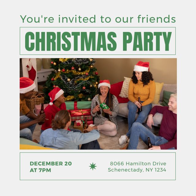 Diverse group of friends celebrating Christmas around a tree, enjoying a gift exchange and drinks. Perfect for use in advertisements for holiday events, seasonal greetings, Christmas party invitations, and festive marketing campaigns.