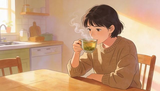Woman sipping herbal tea in sunlit cozy kitchen, wearing knit sweater, morning calm