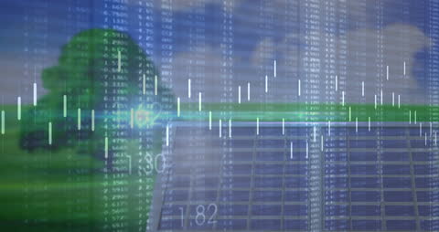 Futuristic Digital Data over Solar Panels and Tree