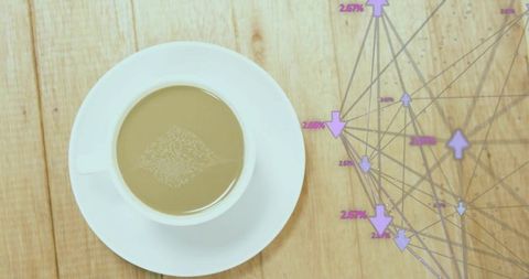 Topdown coffee cup with leaf foam and purple network data overlay on wooden table