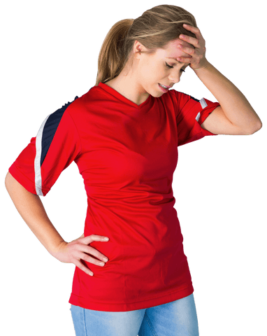 Transparent disappointed soccer fan in red jersey holding head