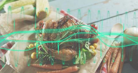 Serving roasted poultry with fresh rosemary and carrots on parchment, teal waveform overlay