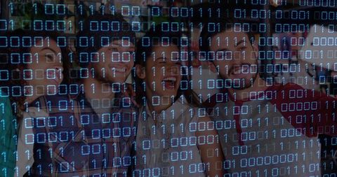 Friends Enjoying Tech-Engaged Night Out with Blue Binary Overlay