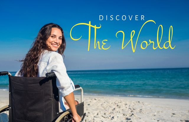 Woman in a wheelchair sitting on a sandy beach with clear blue water in the background. Representation of inclusive travel and adventure. Ideal for promoting inclusive tourism, travel agencies, disability advocacy, and outdoor lifestyle content.