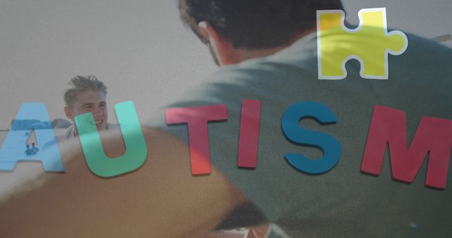 Colorful letters spelling 'AUTISM' with reflection effects and a puzzle piece, symbolizing autism awareness and support. Useful for campaigns, educational materials, social media posts on mental health and community inclusivity.