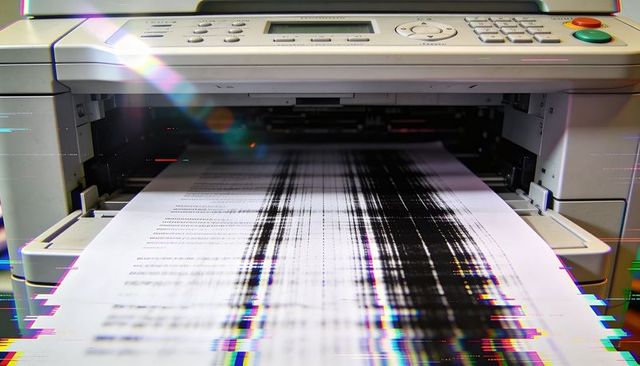 Office laser printer producing heavily streaked misprints with color banding glitch
