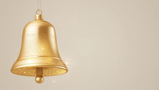 Hanging ornate golden bell glinting with engraved bands and sparkling clapper on beige