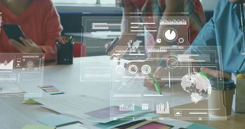 Teamwork and innovation with digital analytics overlays in office meeting