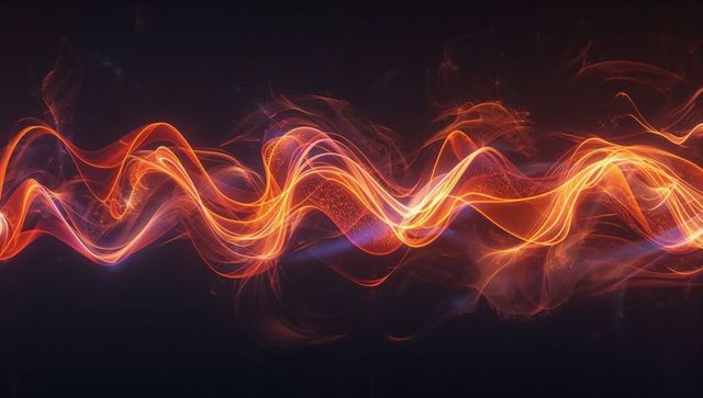 Dynamic glowing ribbon with sparkling particles in dark void