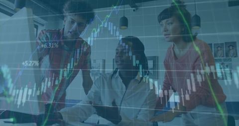 Diverse Team Analyzing Financial Data on Interactive Screen