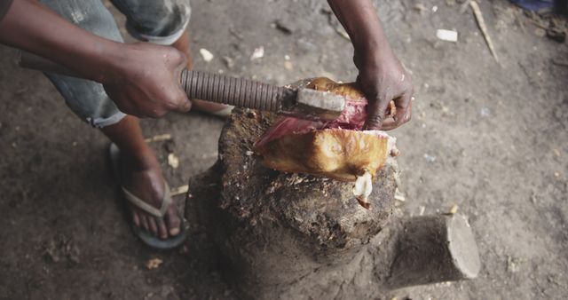 Person Cutting Meat with Knife on Wooden Block Outdoors - Download Free Stock Images Pikwizard.com