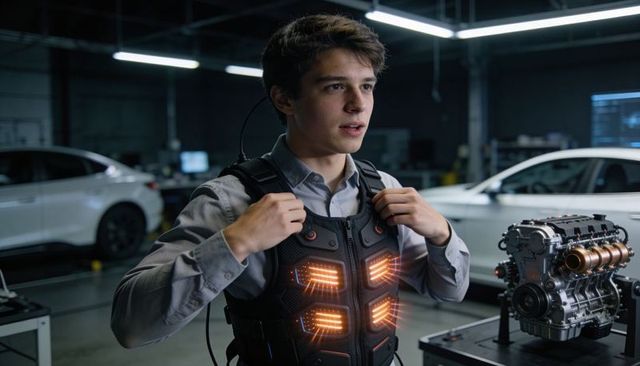 Teen male adjusting smart illuminated exosuit vest in automotive research garage