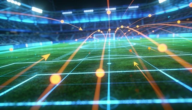Futuristic stadium analytics overlay showing neon trajectories and glowing grid on turf