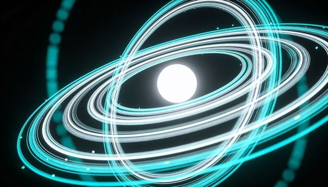 Glowing Central Sphere Rotating with Neon Cyan and White Orbital Rings Tracing Particles