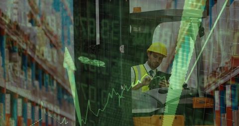 Warehouse Manager Analyzing Data on Tablet Amid Stock Charts