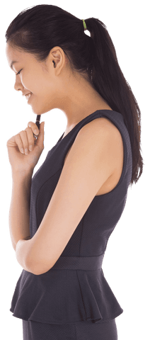 Smiling Businesswoman Pointing on Transparent Background in Profile View