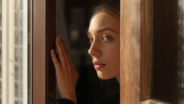 Young woman peering through wooden doorway with hand on frame in soft golden light