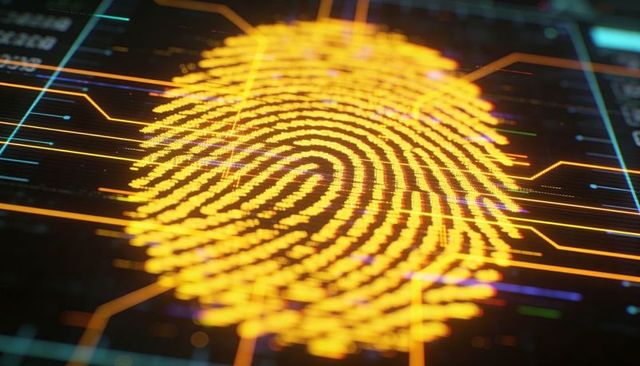 Glowing digital fingerprint scanning on cyber circuit board with neon data streams