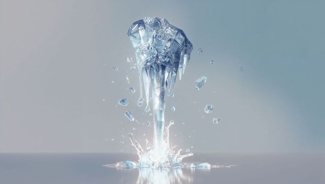 Faceted crystal dropping into glossy pool creating explosive crown splash