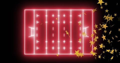 Neon stadium field grid with gold star confetti celebrating sports broadcast opener