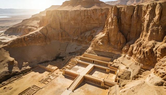 Terraced mortuary temple carved into sandstone cliff sunlit desert valley with central ramp