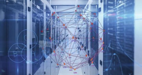 Futuristic data center with 3d network overlay