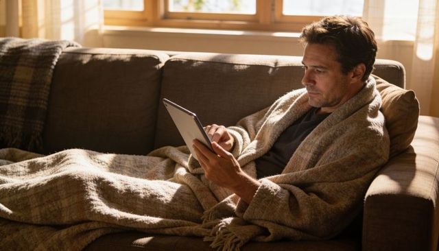 Man relaxing on sofa using tablet wrapped in cozy blanket in morning sunlight