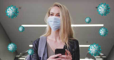 Woman in protective mask surrounded by digital virus illustrations