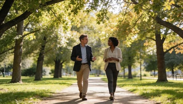 Business colleagues walking and talking in sunlit tree-lined park for outdoor meeting
