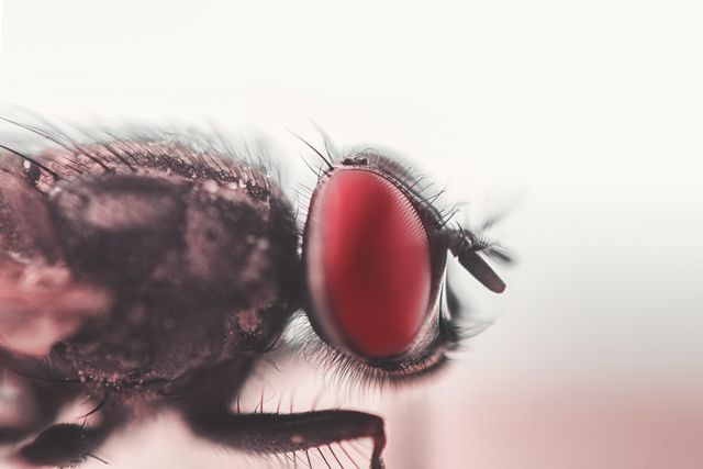 Extreme close-up showing intricate details of a fly's large red compound eyes and antennae. Great for use in educational materials, scientific journals, entomology studies, and nature photography collections. Perfect for conveying the beauty and complexity of insect anatomy.