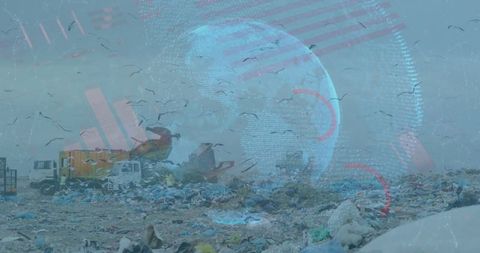 Landfill with Digital Overlay Symbolizing Technological Waste Management Solutions