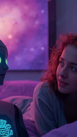 Woman Lying in Pajamas Blinking at Companion Robot While Robot Tilting Head and Pulsing Chest