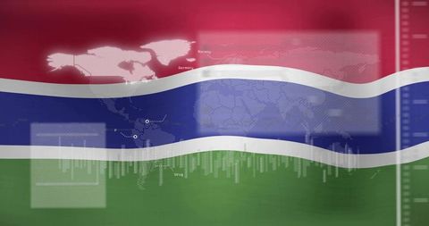 Global Connections: Gambia Flag with World Map and Technology Overlay