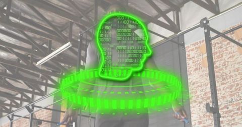 Male athlete jumping rope in industrial gym with neon green digital hud overlay