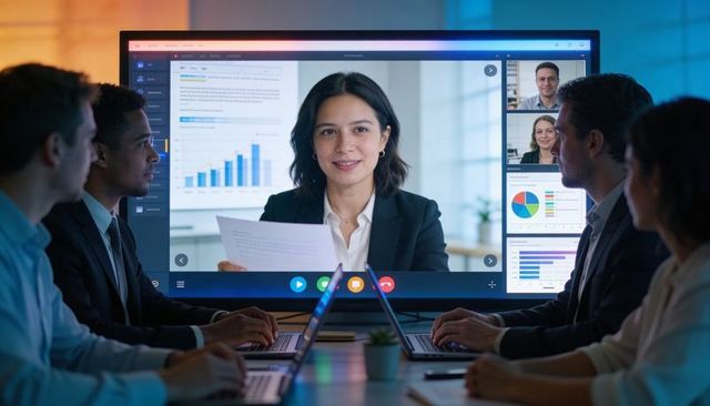 Boardroom team watching remote presenter holding reports with live data charts onscreen