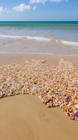 Vertical video: Waves lapping painted seashells on sand, receding and leaving wet sheen