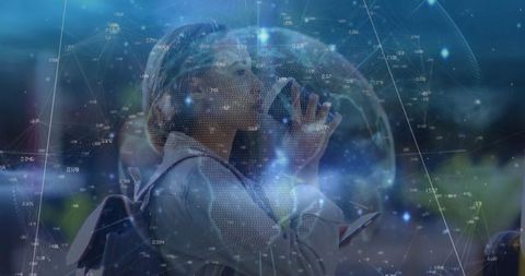 Woman Holding Smartphone Outdoors with Futuristic Data Overlay