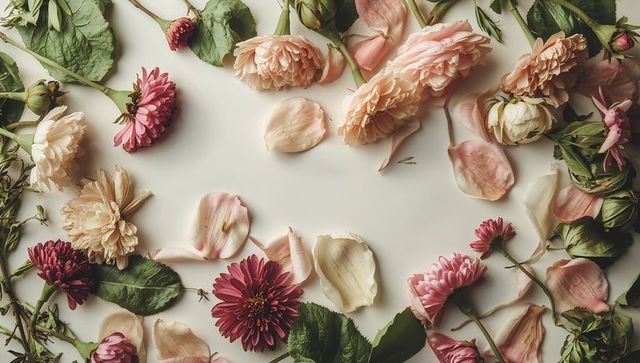Flat-lay blush peonies and magenta mums with scattered petals on cream surface