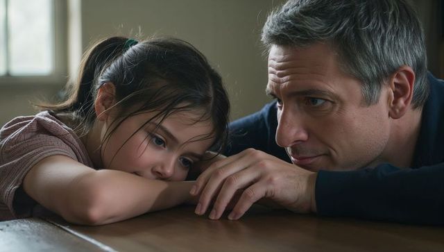 Tender father-daughter moment sharing quiet reflection at home with warm window light