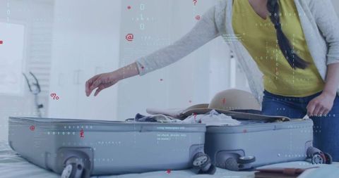 Korean woman packing suitcase on bed for minimalist travel, tidy luggage preparation