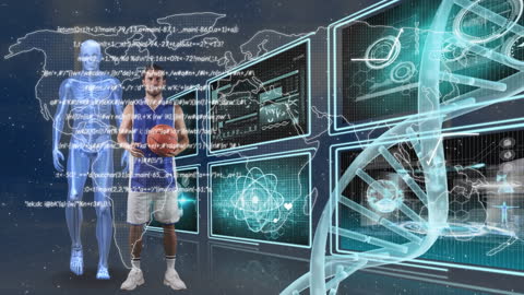 Basketball Player Surrounded by Futuristic Medical Data Visualizations