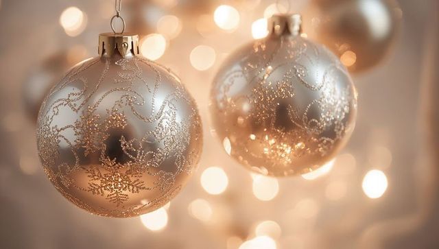 Hanging gold filigree christmas ornaments with glitter snowflake detail and warm bokeh