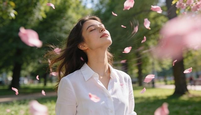 Young woman standing in sunlit park closing eyes while pink petals swirling around her