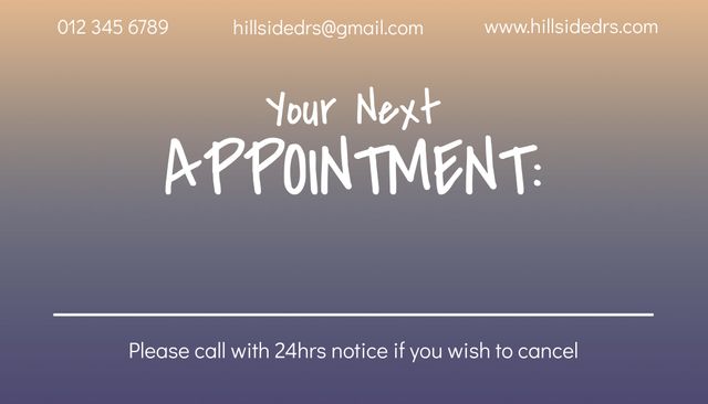 Ideal for businesses to remind clients of upcoming appointments attractively. Usable by medical offices, beauty salons, or any service industry requiring scheduling. Encourages clients to follow scheduling policies by requesting 24-hour notice for cancellations.