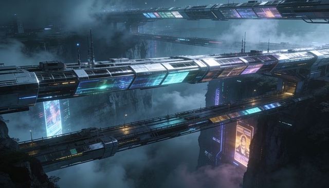 Futuristic transit tubes crossing neon canyon nightscape with floating digital billboards