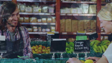 Happy Grocery Interaction with Financial Graph Overlay